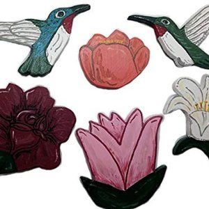 Wooden Hummingbird and Flower Magnets - Set of 6